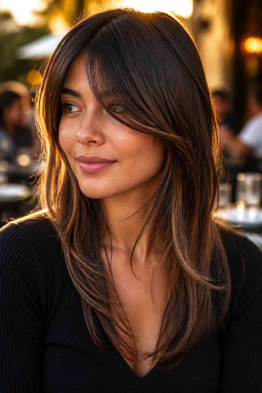Portrait of a woman with collarbone-skimming fringe sweeping over the shoulder