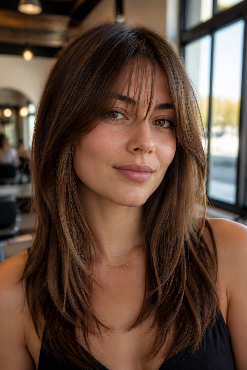 Close-up of a woman showing collarbone-length front layers with soft fringe