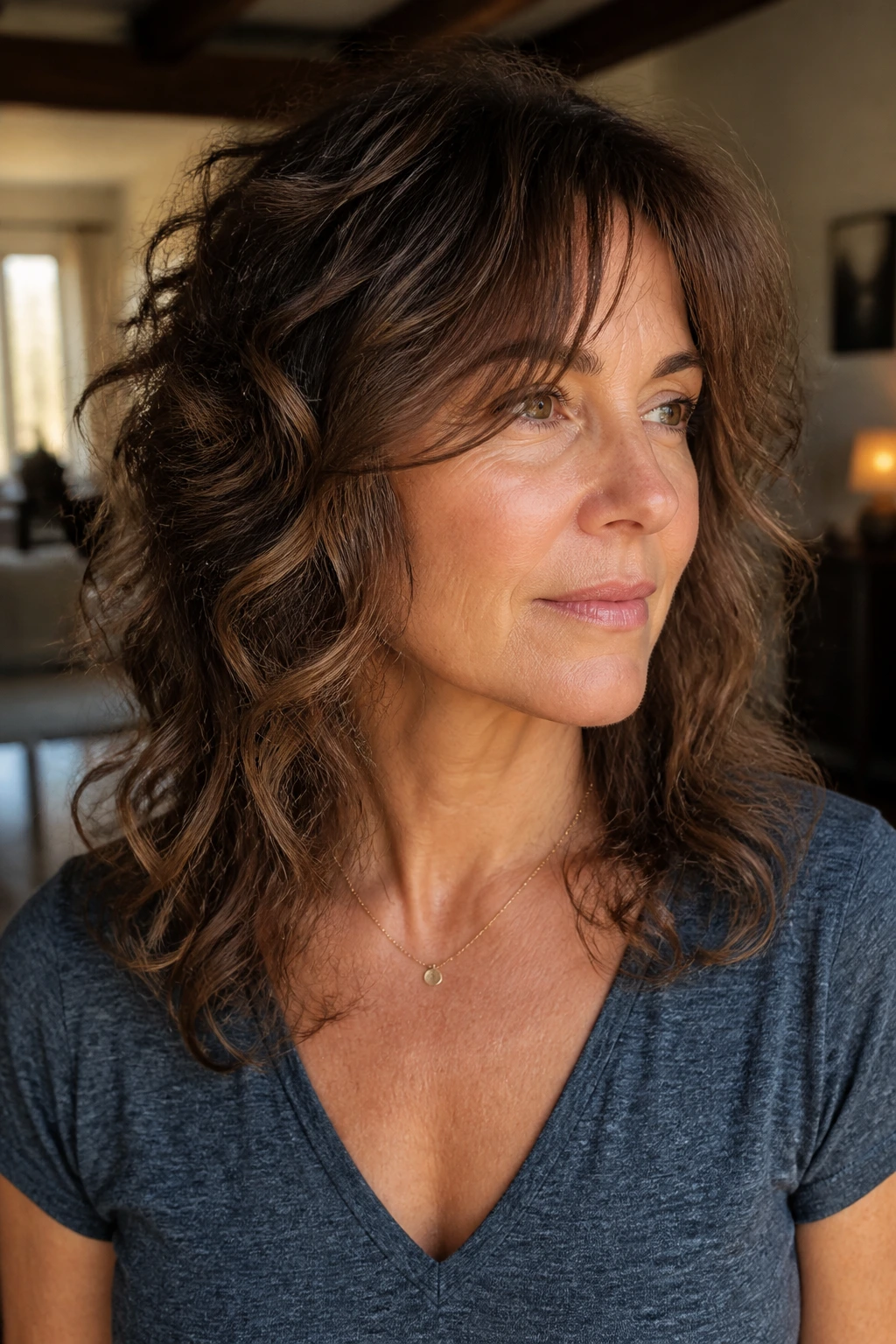 Close-up portrait of a real woman with collarbone-grazing curtain fringe
