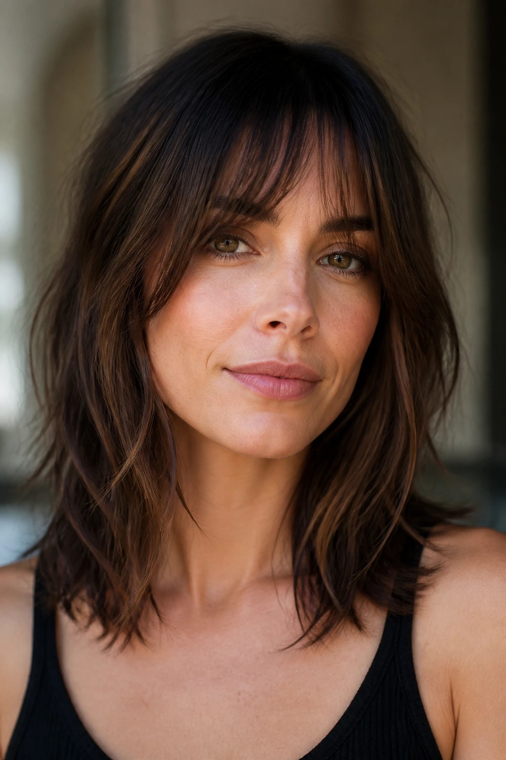 Real woman with collarbone-grazing face-frame fringe extending toward the collarbone