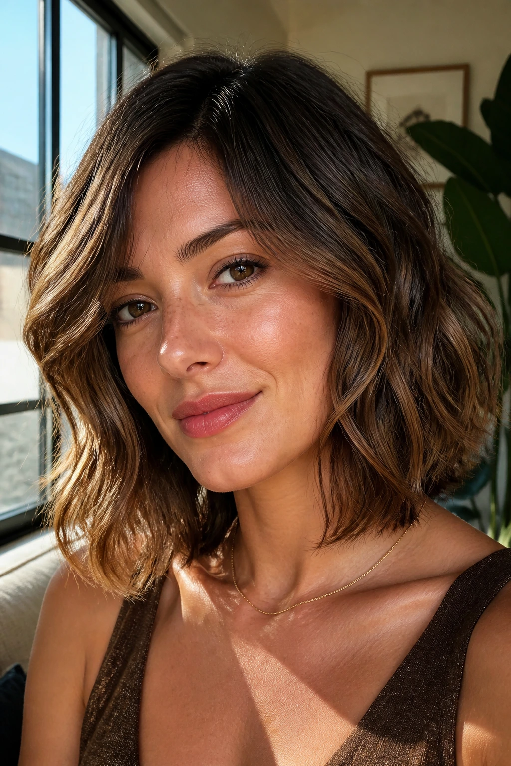 Close-up of a collarbone-grazing layered bob on a real woman