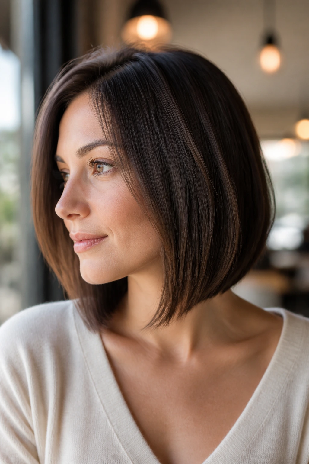 Real woman with collarbone-grazing lob, showing face open and edges crisp