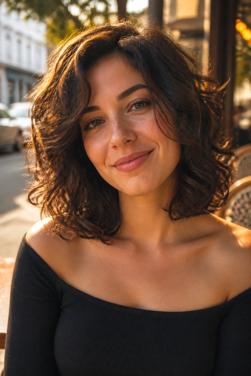 Medium close-up of a real woman with collarbone-grazing lob and layers