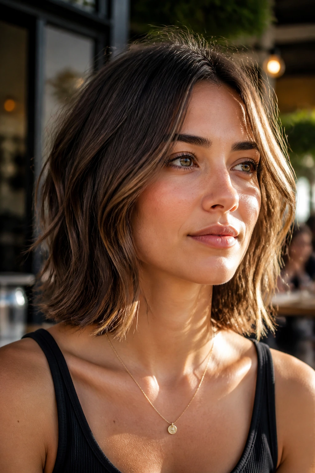 Close-up portrait of a real person with a collarbone-grazing lob and soft waves