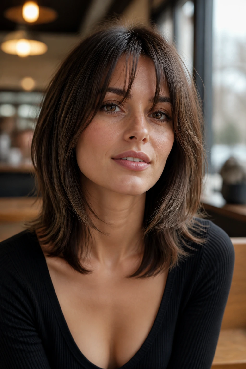 Close-up portrait of a real woman with collarbone-grazing shingle bangs