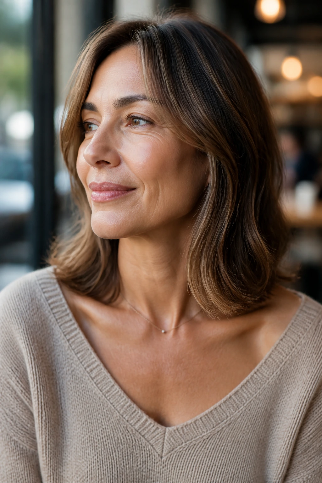 Portrait of a real woman with collarbone-length hair showing bend at the collarbone.