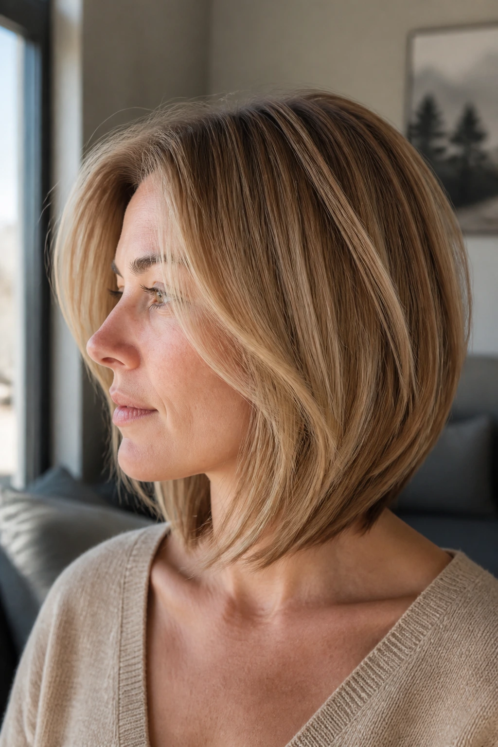 Profile view of a woman with a collarbone-length inverted lob and light layers
