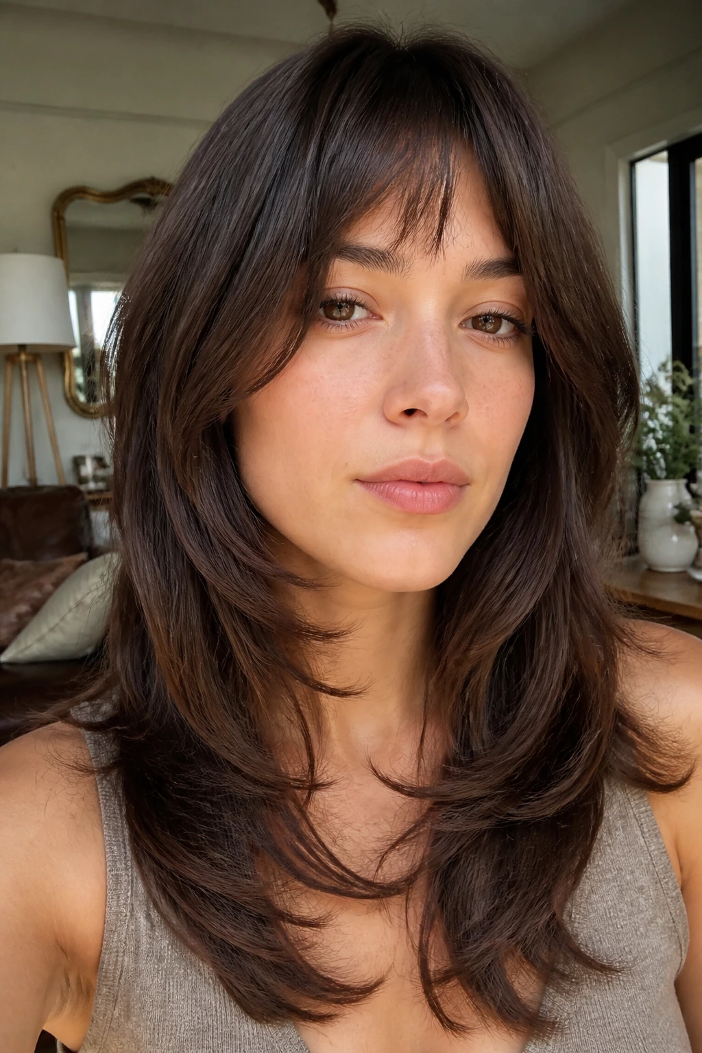 Close-up of real person with curved collarbone layers and bang fragment in warm daylight.
