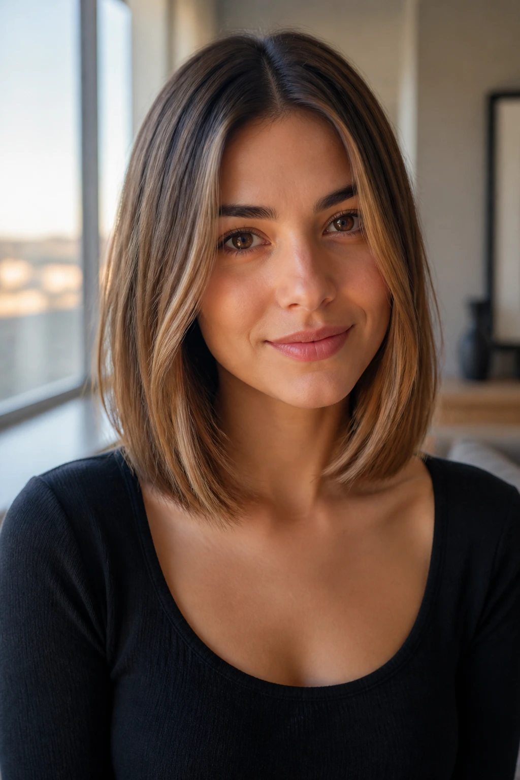Close-up of collarbone-length hair with a clean center part and caramel highlights