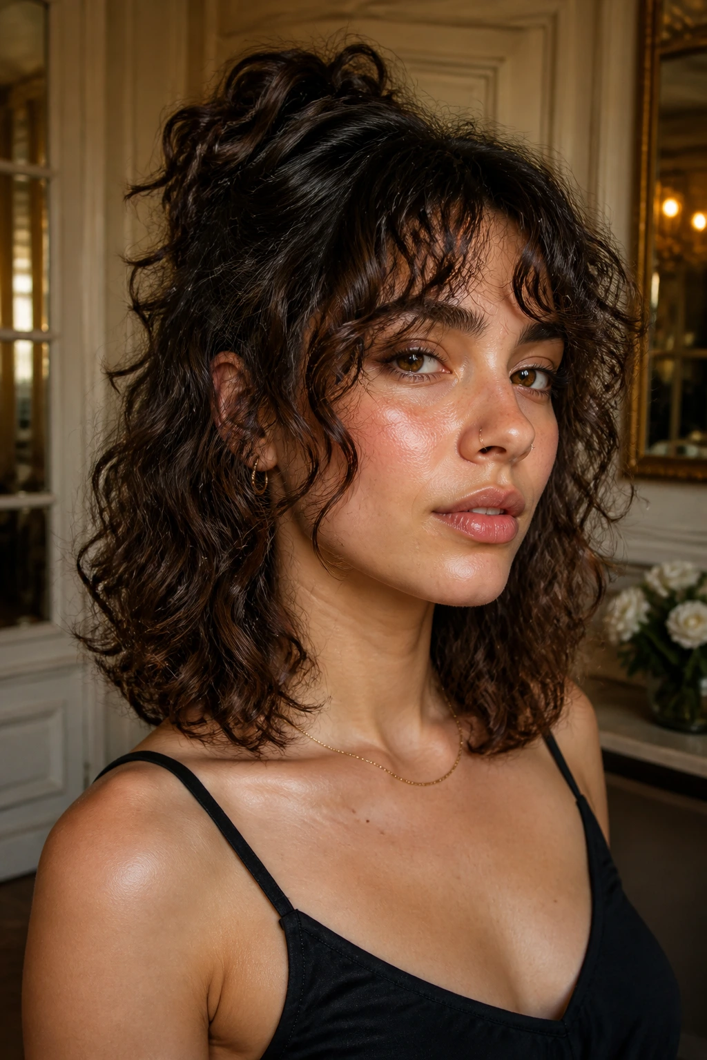 Close-up of a real person with collarbone-length curls and clean ends.