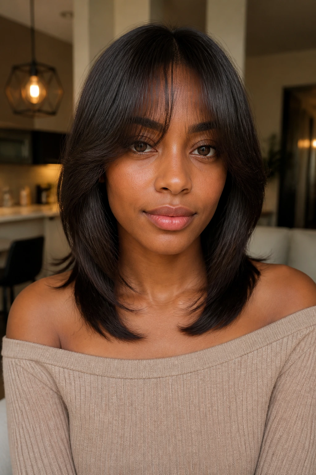 Real woman with collarbone-length layers and long curtain bangs in a cozy home