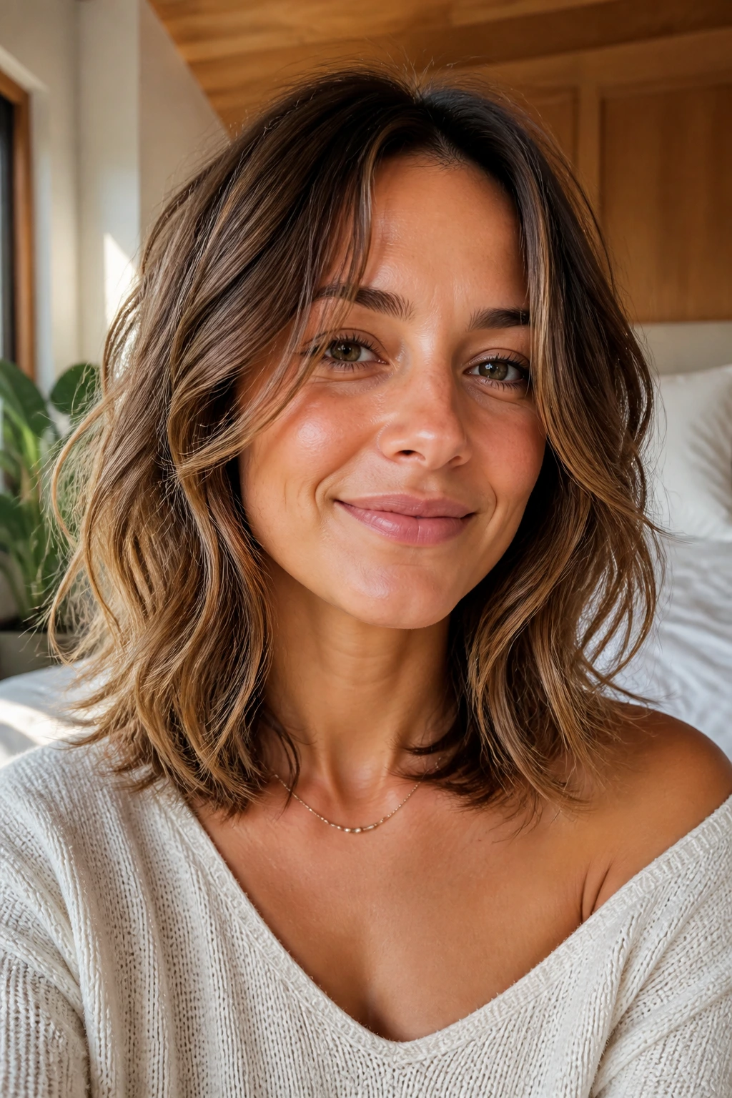 Portrait of a woman with collarbone-length wavy hair and soft face-framing layers.