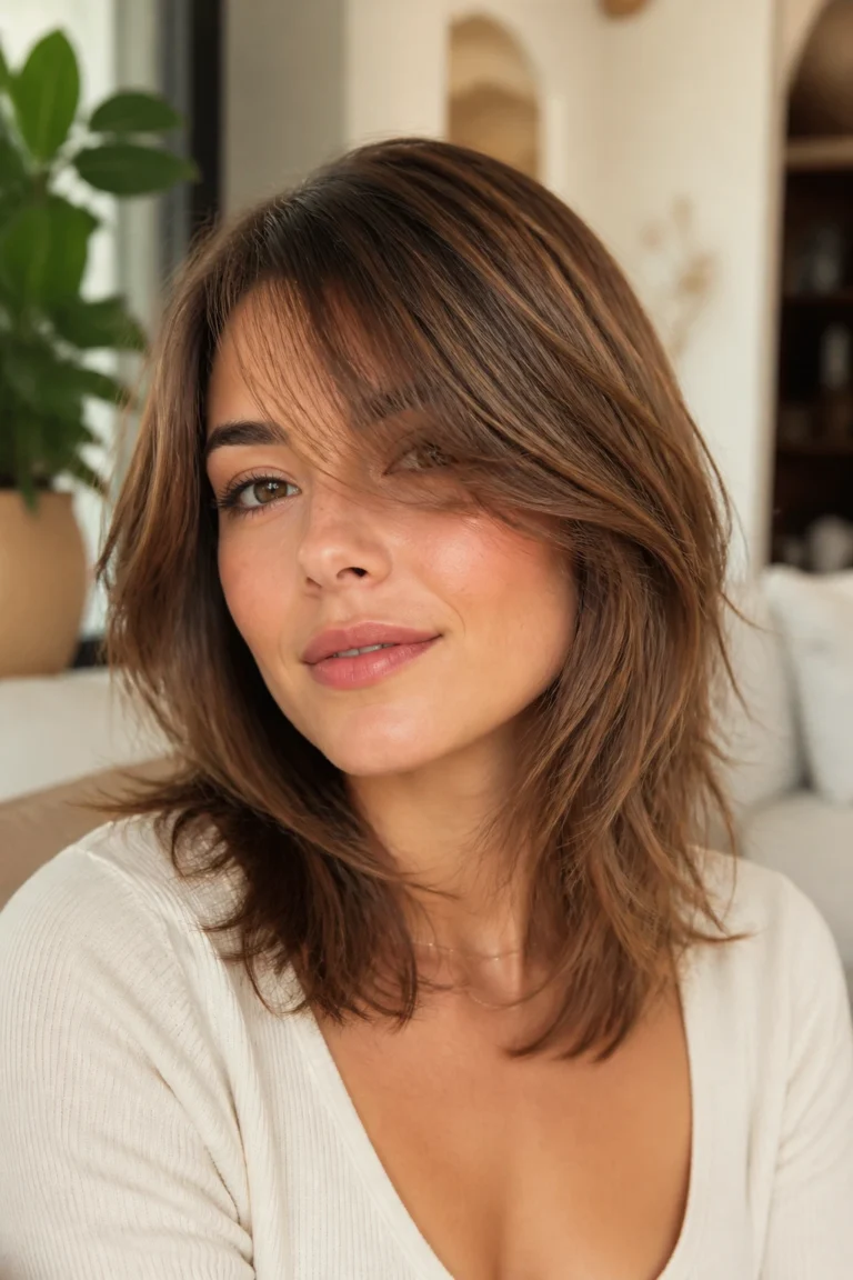 25 Side-Swept Part Bangs for Round Faces with Soft Layers