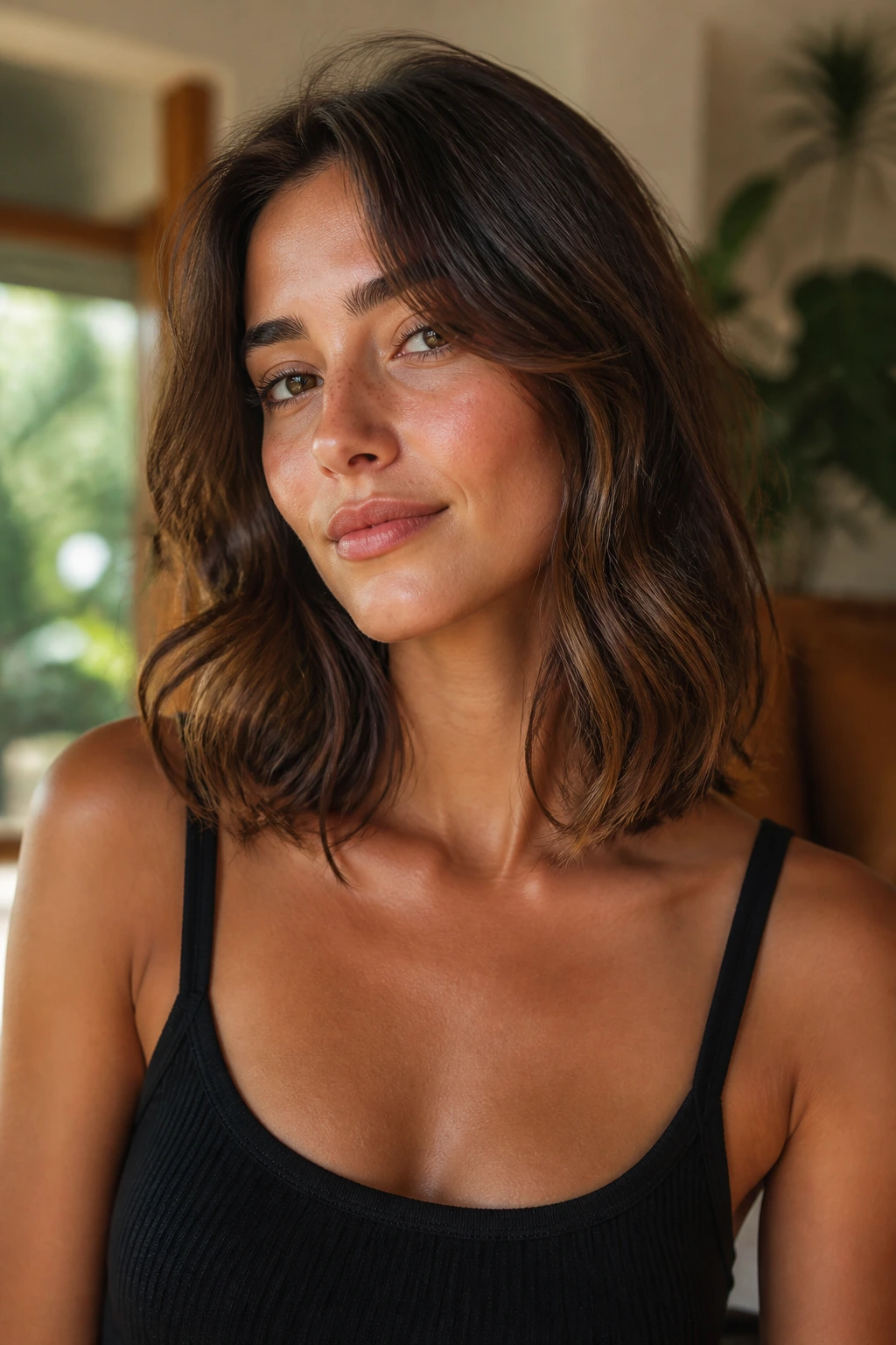 Close-up of collarbone-length layered waves with air-dried bend on a real person