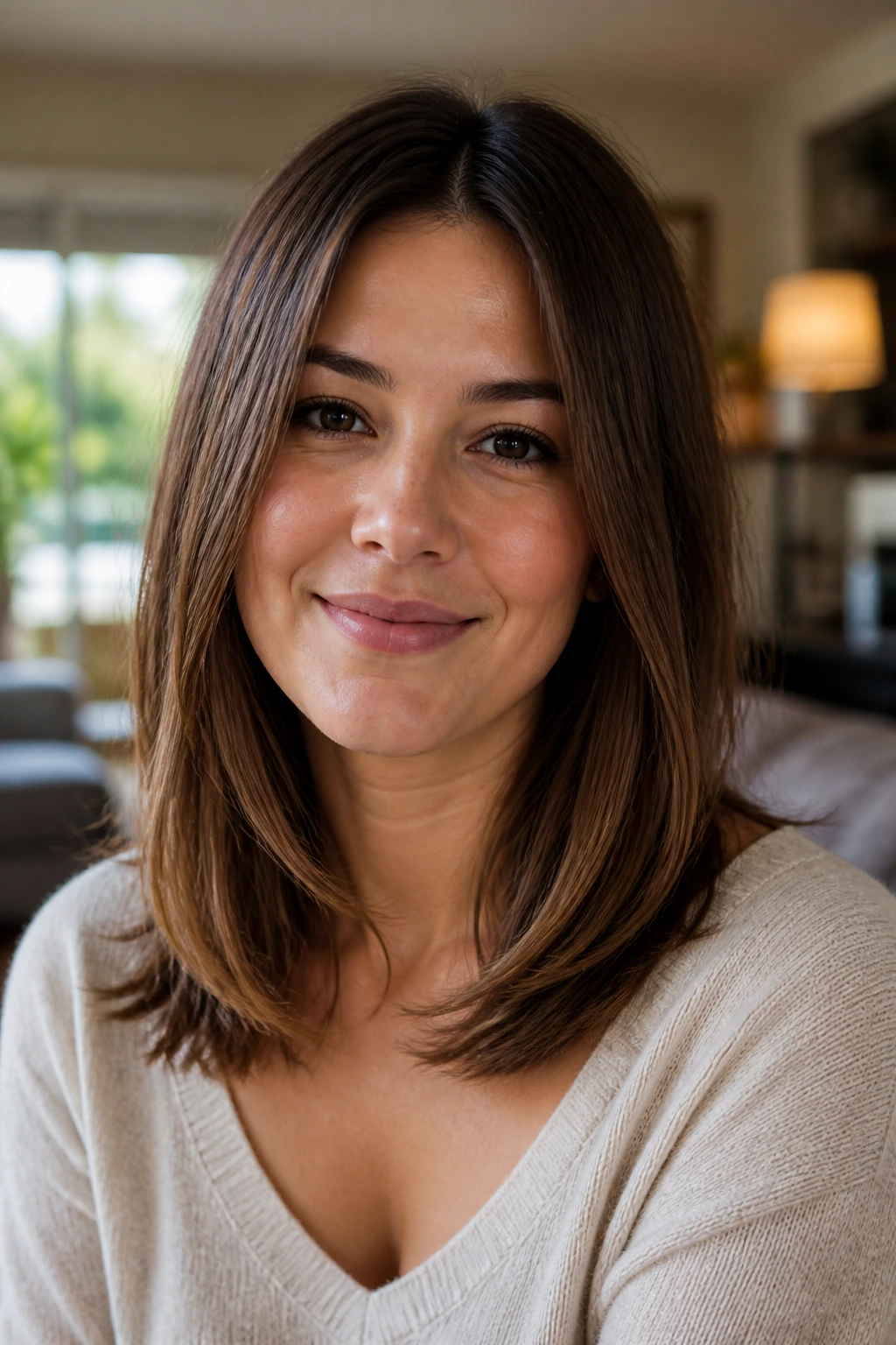 Close-up of a real woman with collarbone-length layers and subtle beveled ends.
