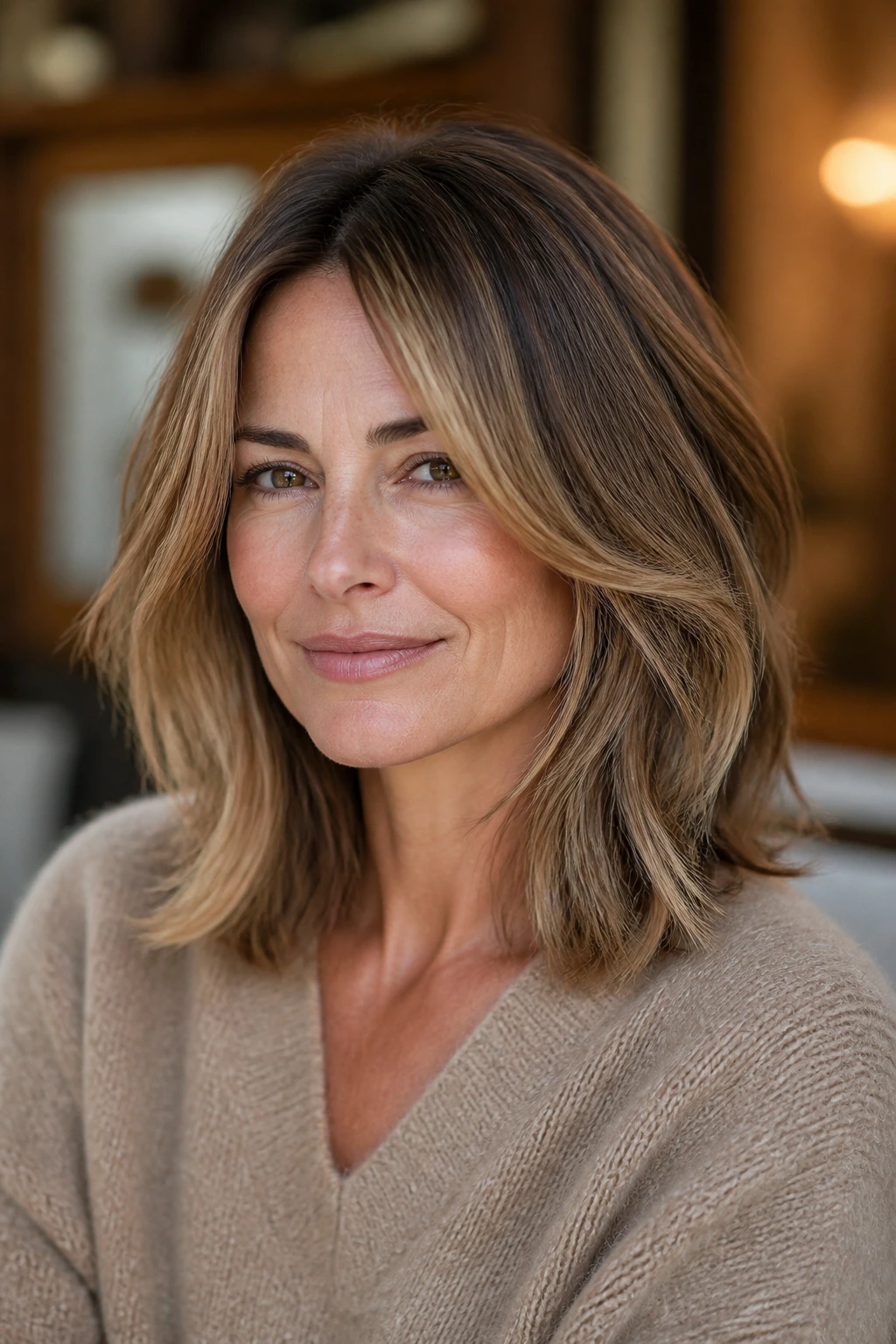 Close-up of a woman with collarbone-length layered hair bending softly.