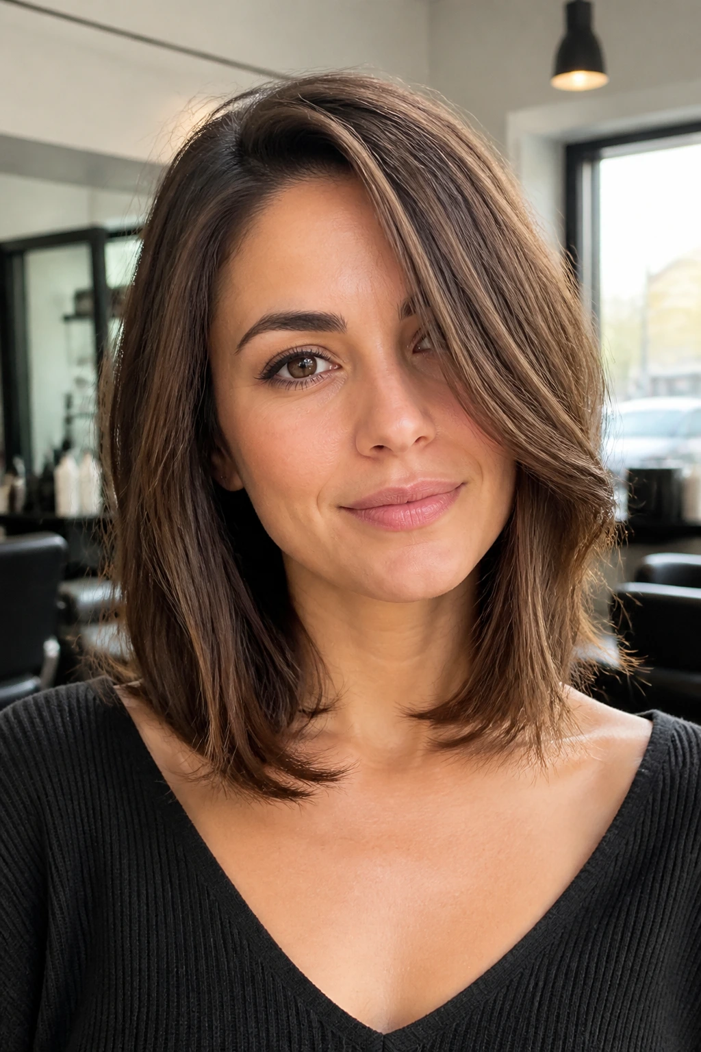Medium close-up of collarbone-length layered hairstyle with off-center part