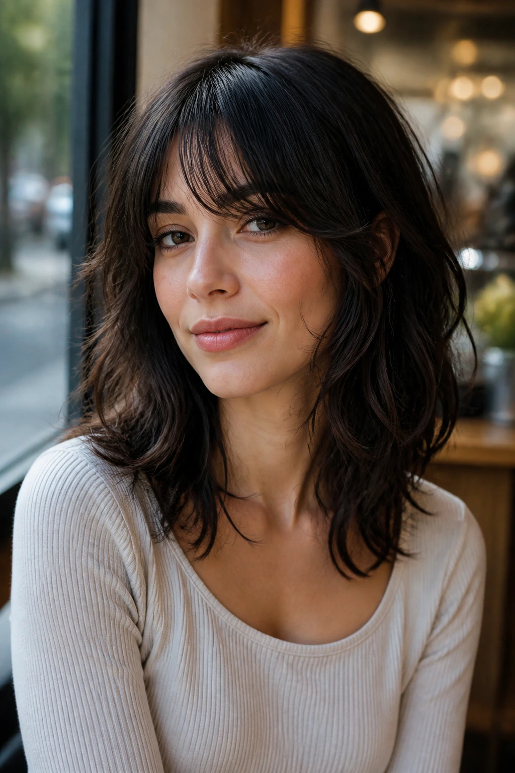 Close-up of a real woman with collarbone layers and peekaboo bangs in curly hair.