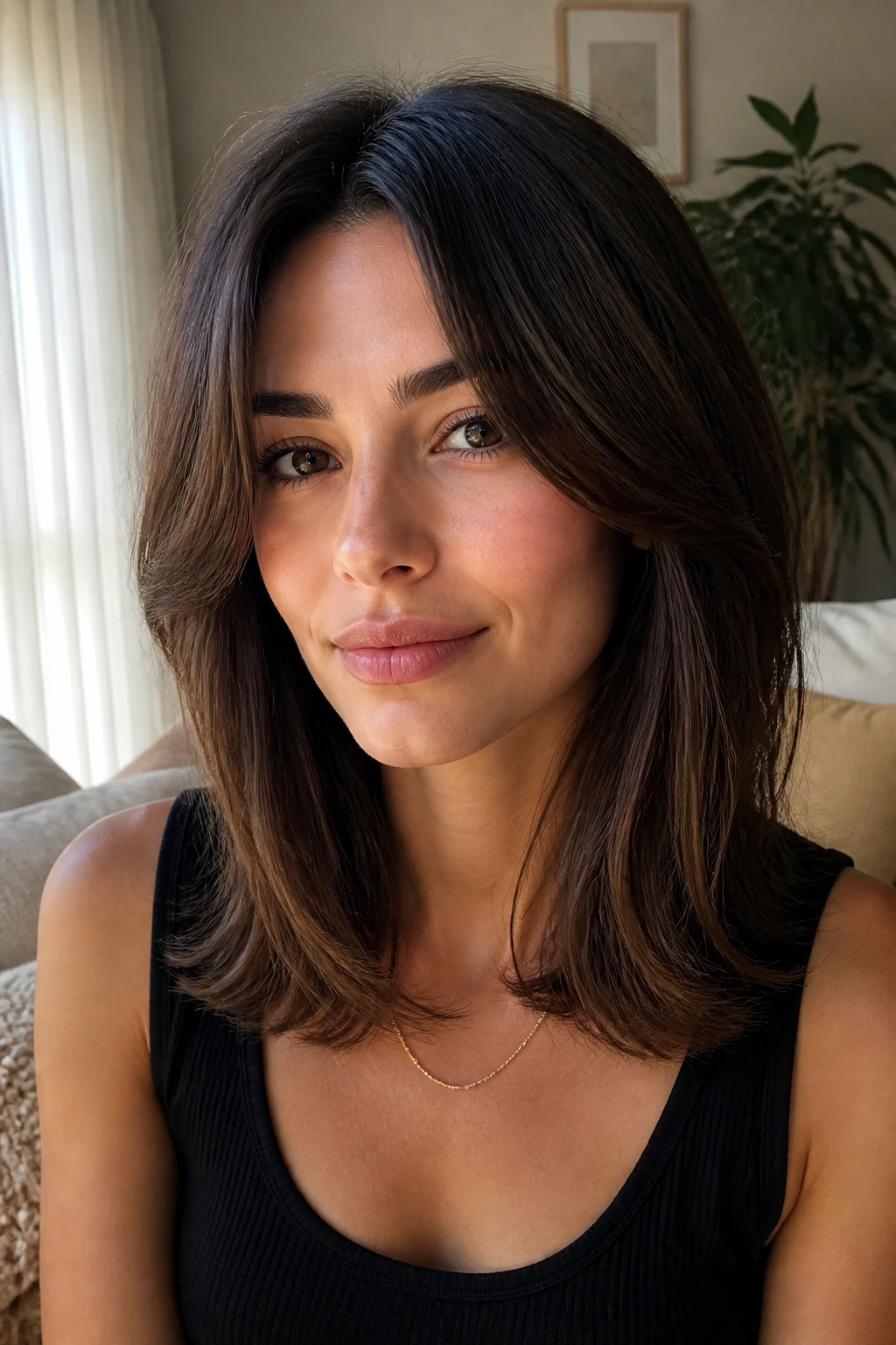 Close-up portrait of a real woman with collarbone-length face-framing layers.
