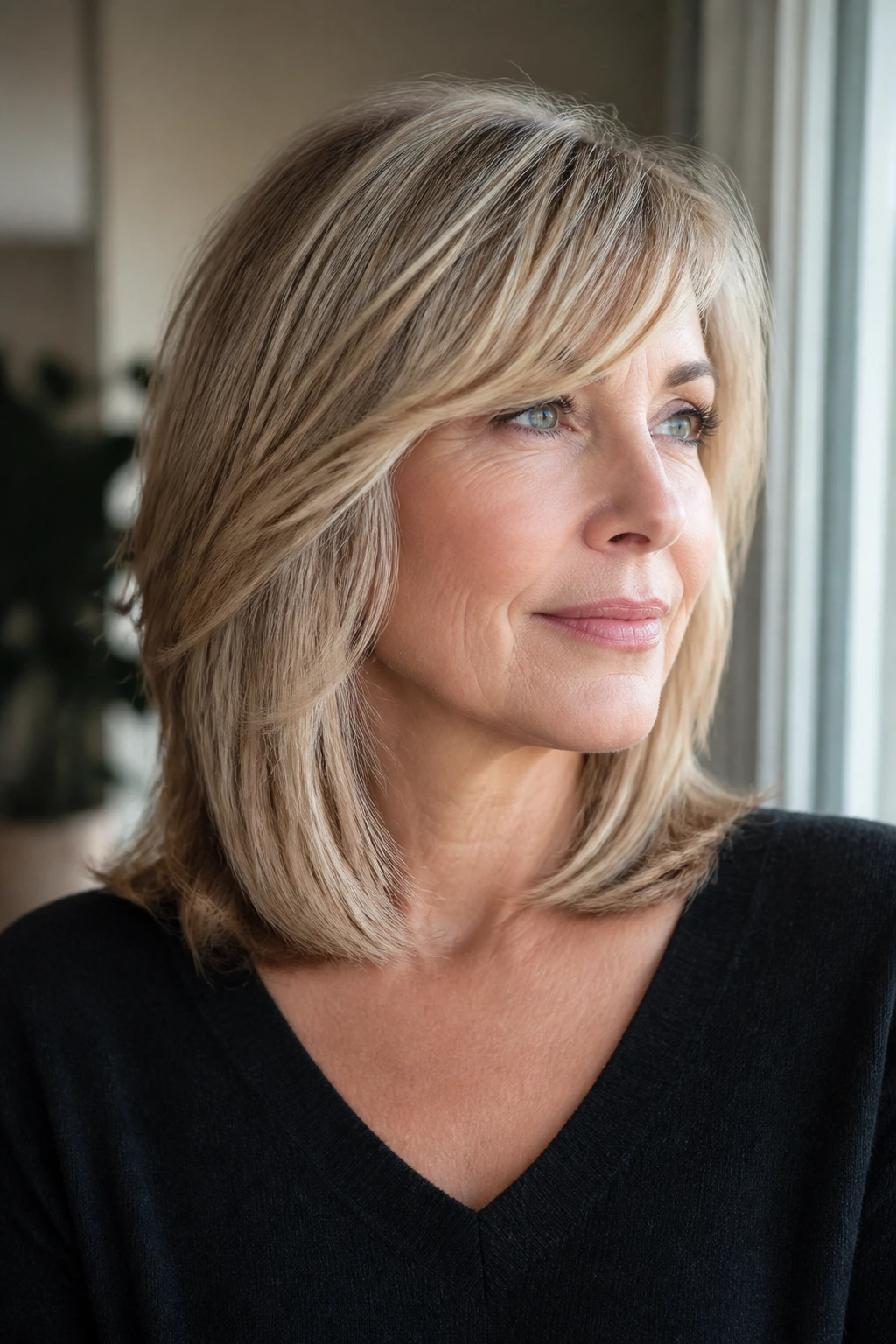 Close-up of a real woman with soft collarbone layers and side-swept fringe in natural window light
