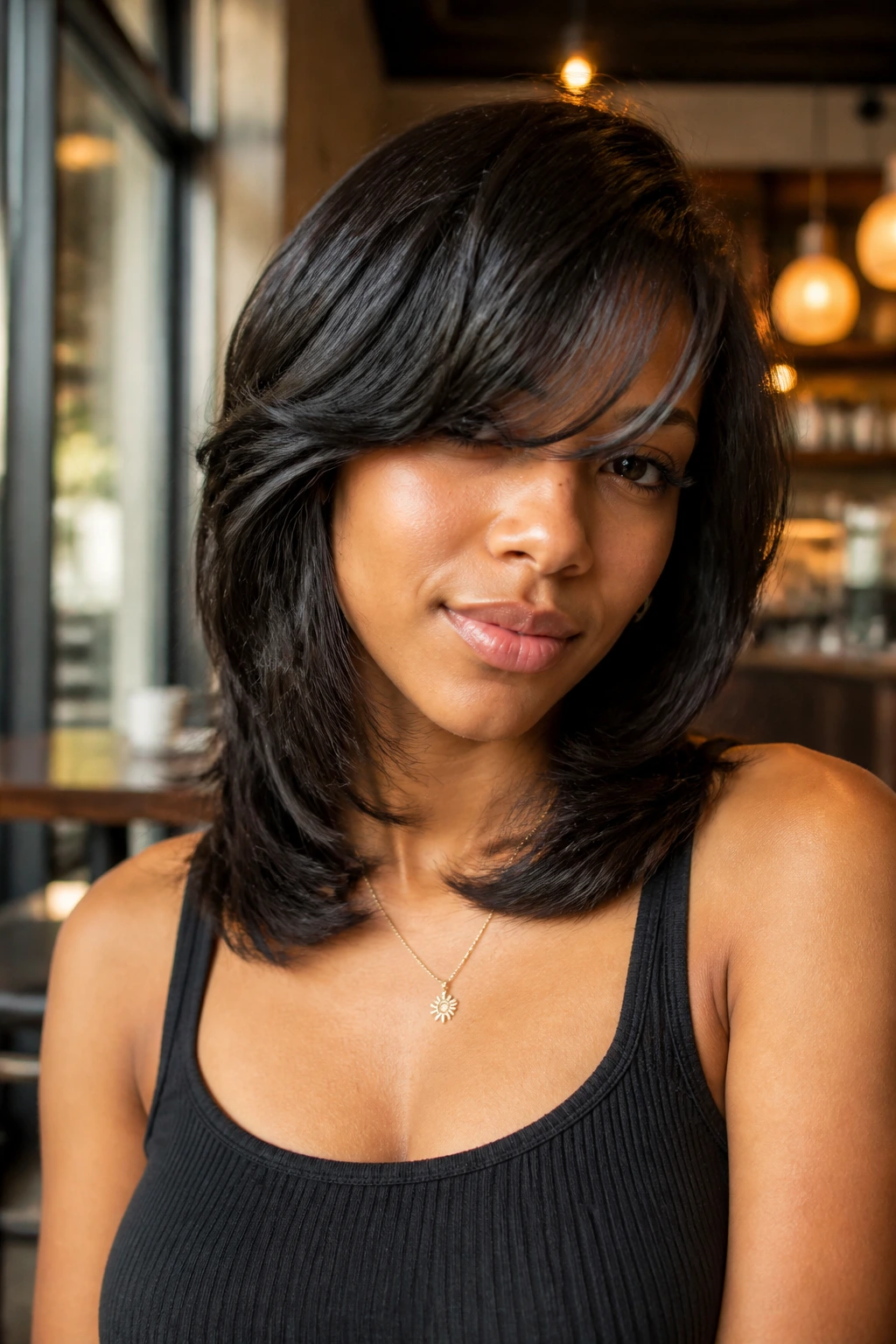 Close-up of real woman with swoopy bangs and collarbone layers in cafe light