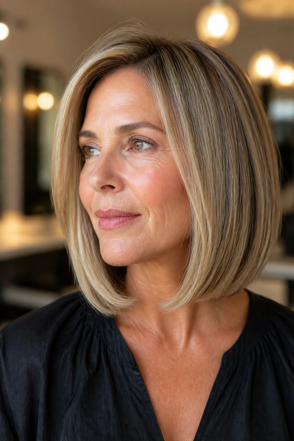 Close-up of a 50s woman with a collarbone-length blunt lob and crisp line.