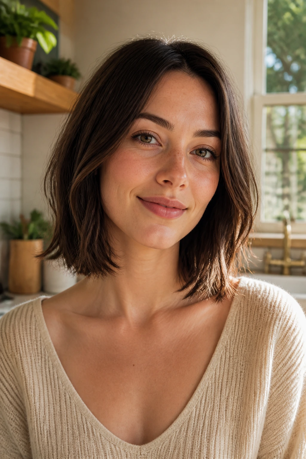 Portrait of a real woman with collarbone-length blunt-ended boyfriend bob