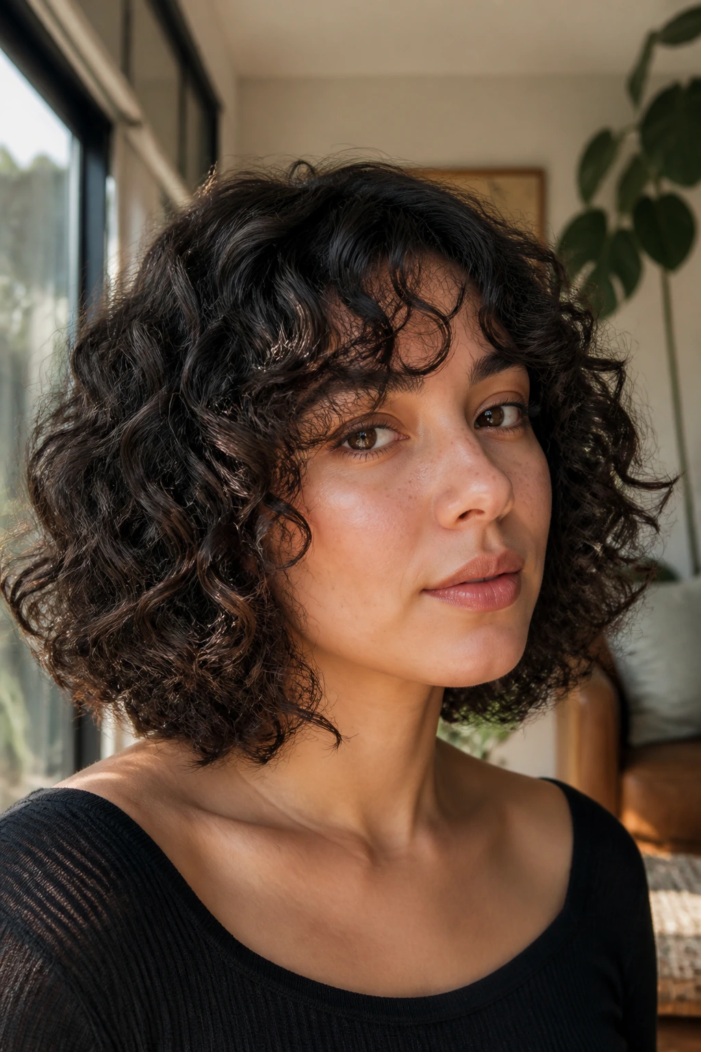 Close-up of a real woman with collarbone-length French bob framing jaw in warm daylight