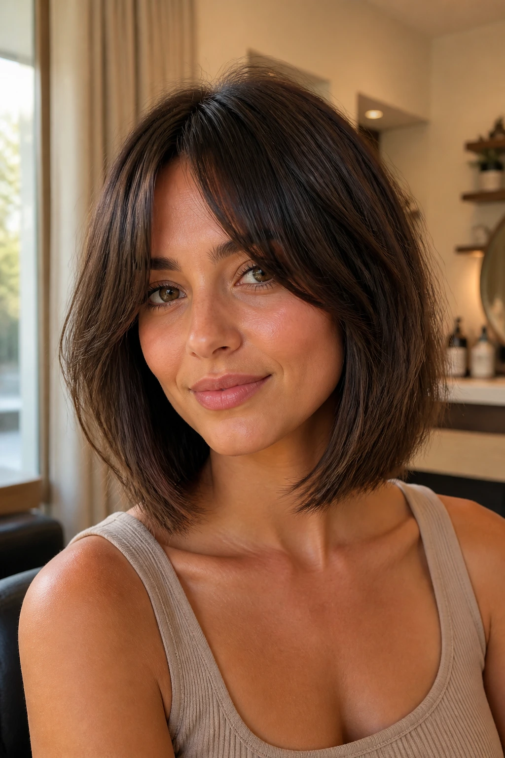 Real woman with collarbone-length A-line bob and center-split curtain bangs