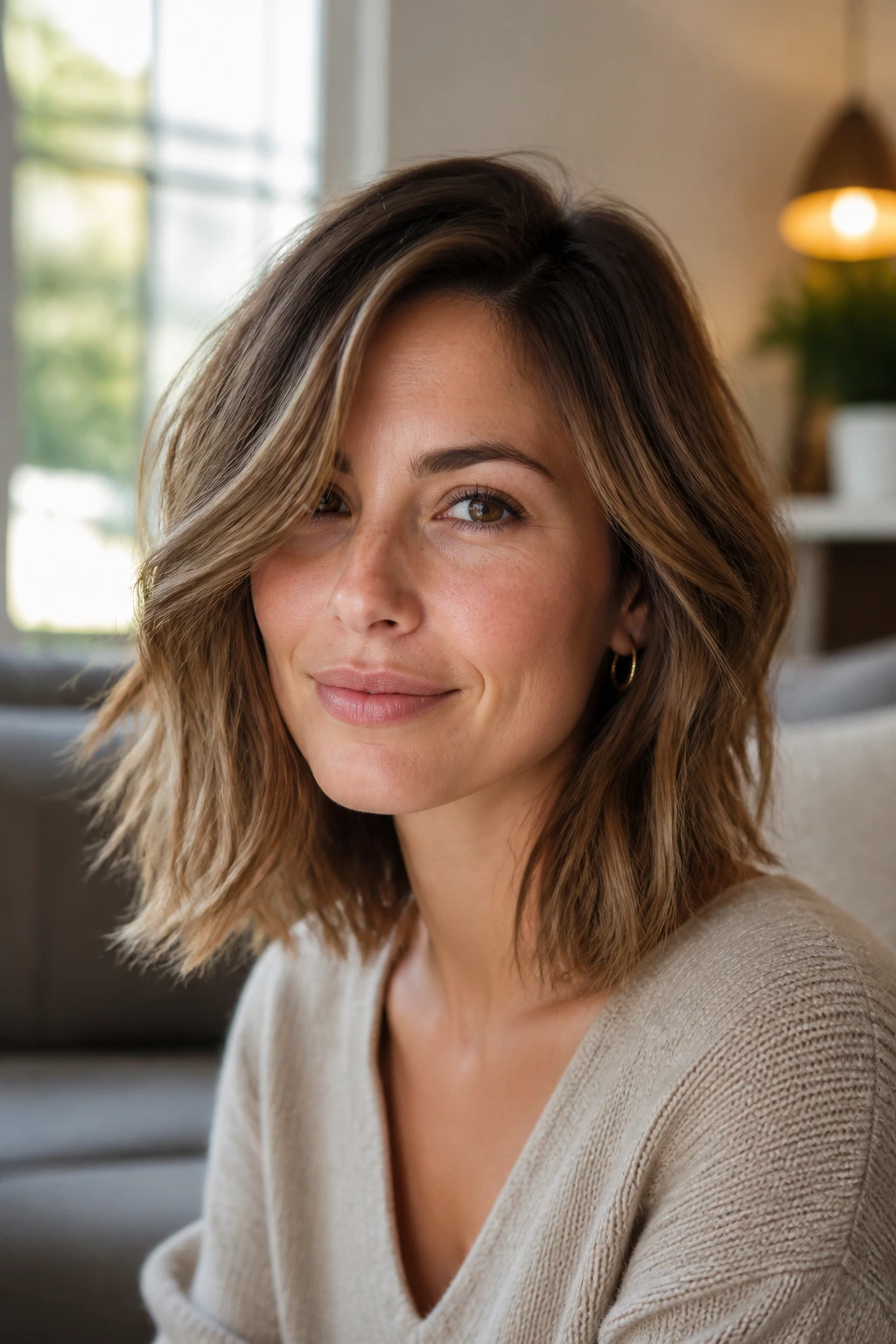 Portrait of a real woman with collarbone-length boyfriend bob variation and side part