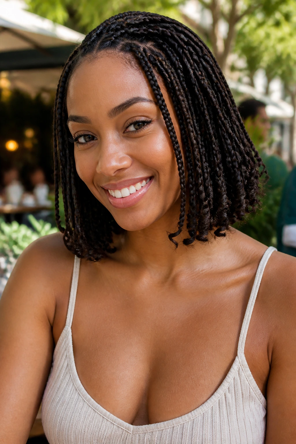 Close-up of a woman with a collarbone-length braided bob in a sunlit outdoor cafe.