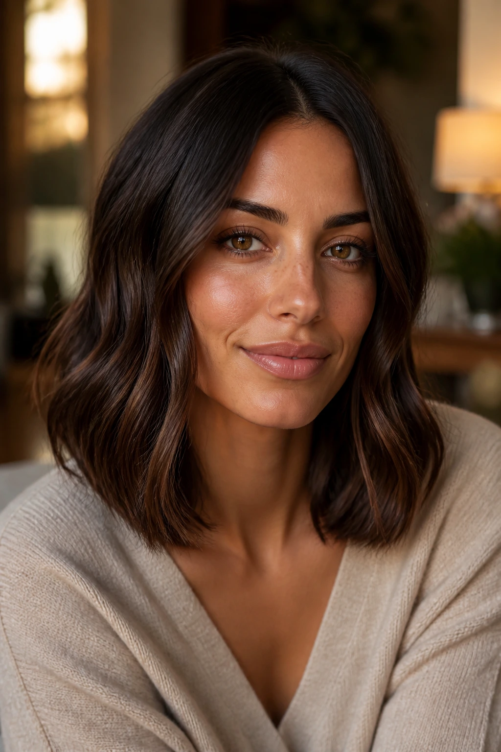 Olive-skinned woman with collarbone-length glossy brunette hair in warm living room light