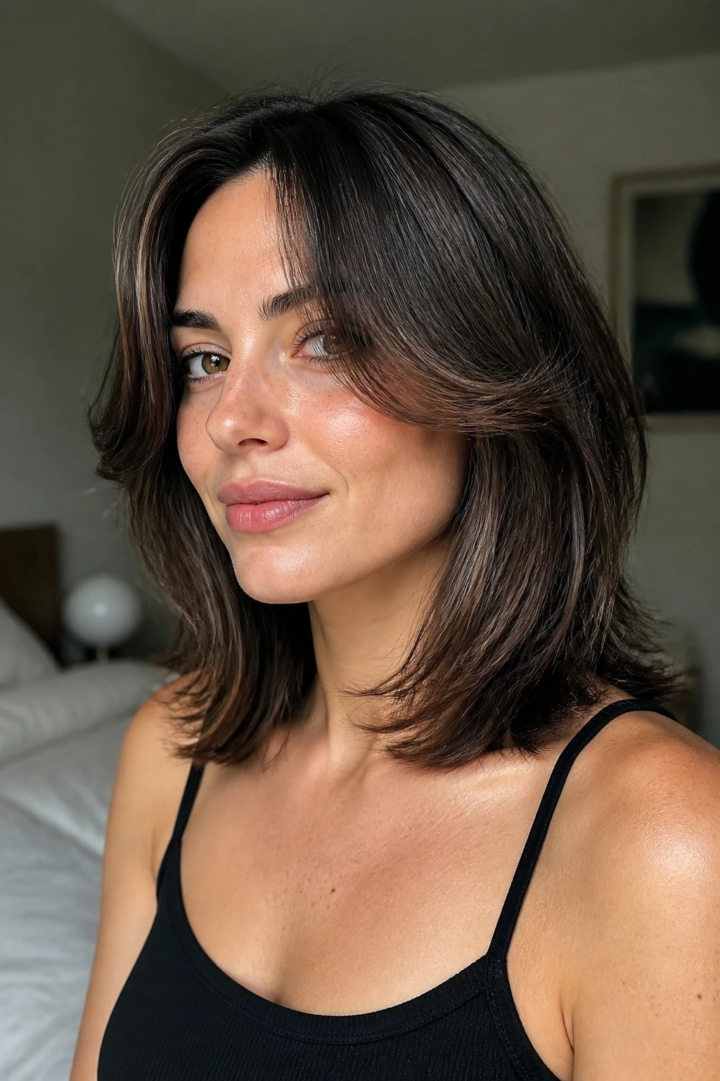 Close-up of collarbone-length butterfly haircut with soft curtain pieces on a real woman.