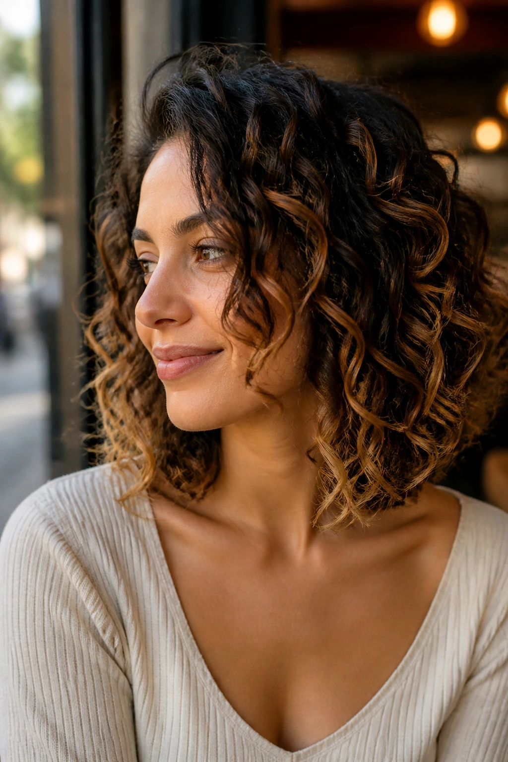 Close-up of collarbone-length curls with painted caramel ends
