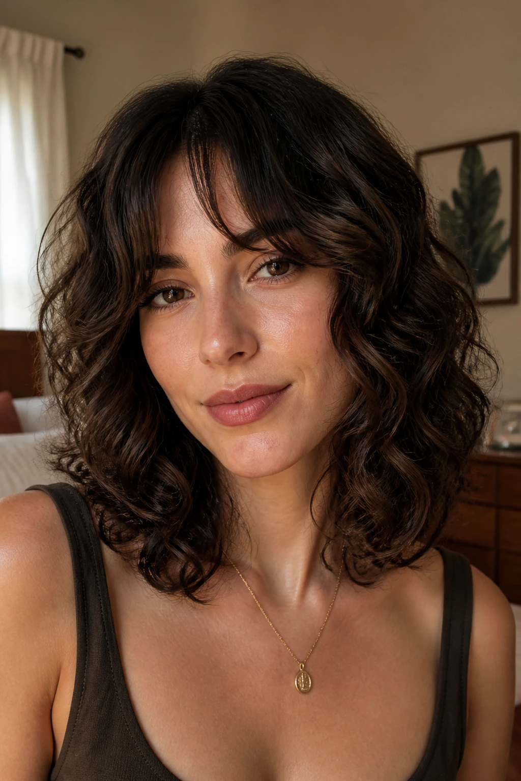 Close-up portrait of a woman with collarbone length curls and bottleneck bangs