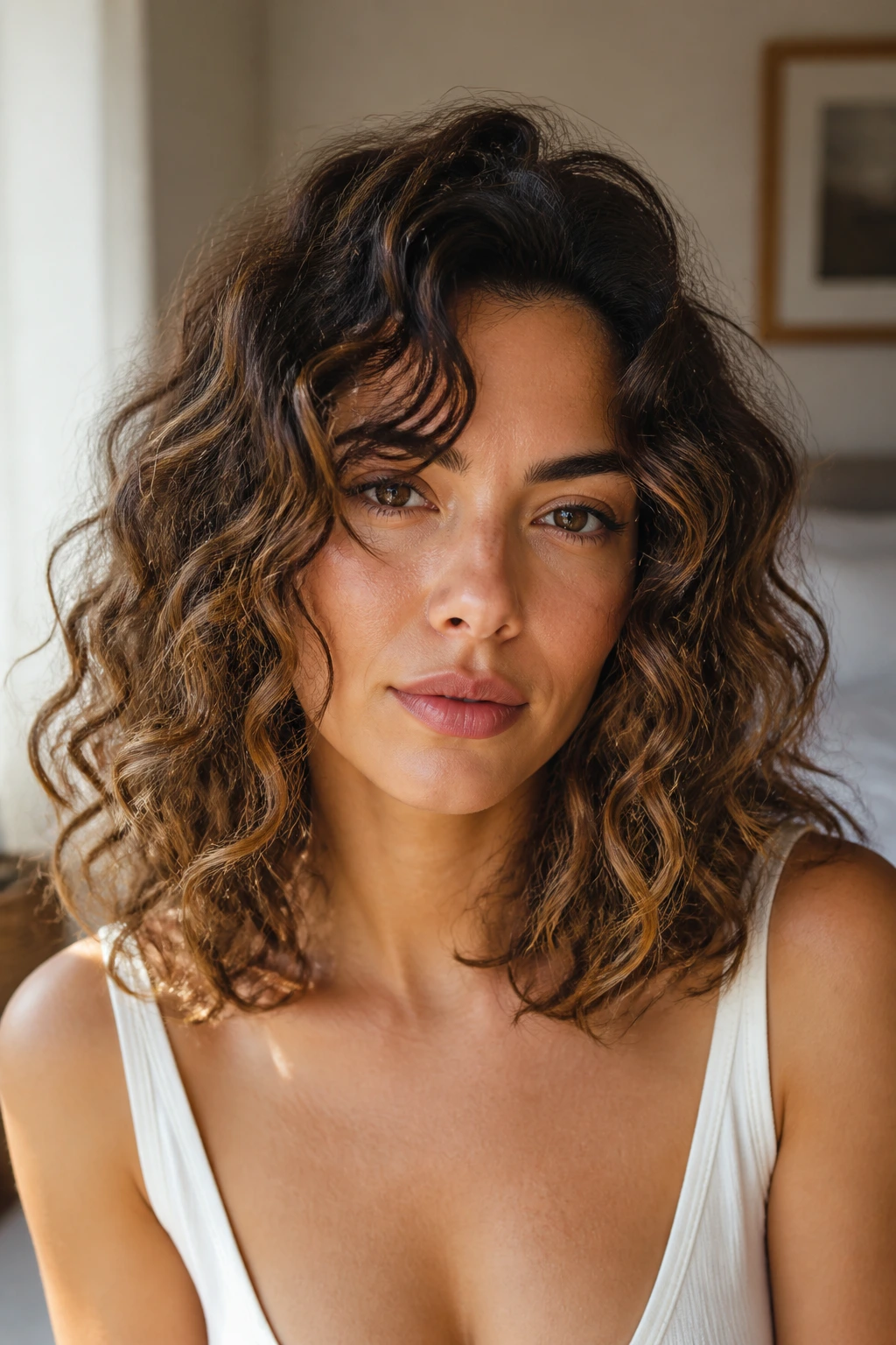 Close-up of a real woman with collarbone-length curly beachy waves filling the frame