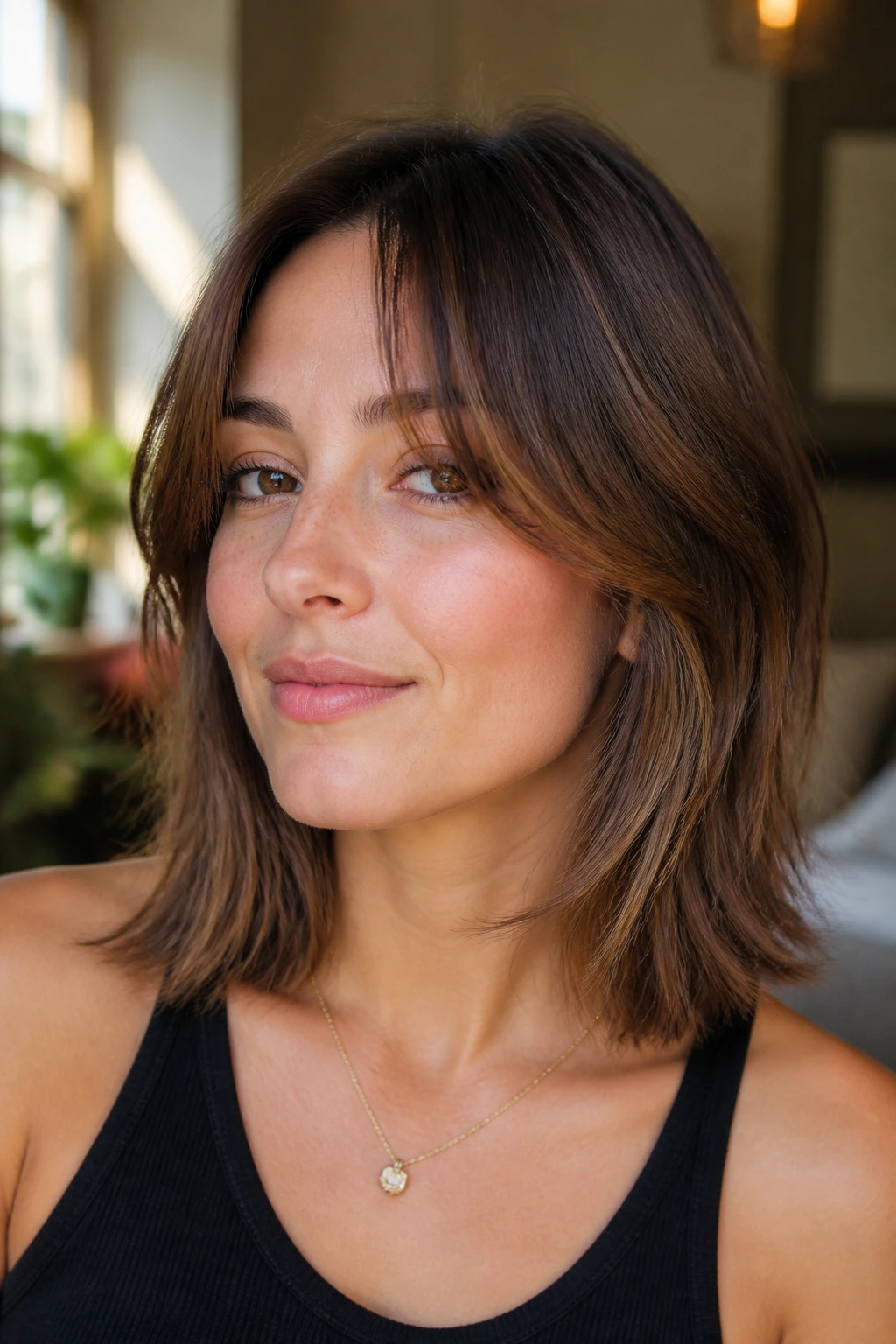 Portrait of collarbone-length hairstyle with curtain bangs framing the face.