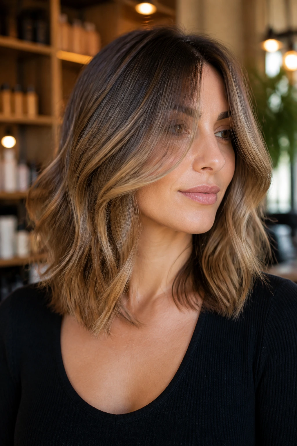 Close-up of collarbone-length hairstyle with curtain front pieces opening away from the face.