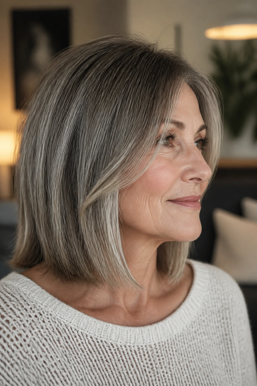 Older woman wearing a collarbone-length haircut with blunt ends and face-framing pieces.