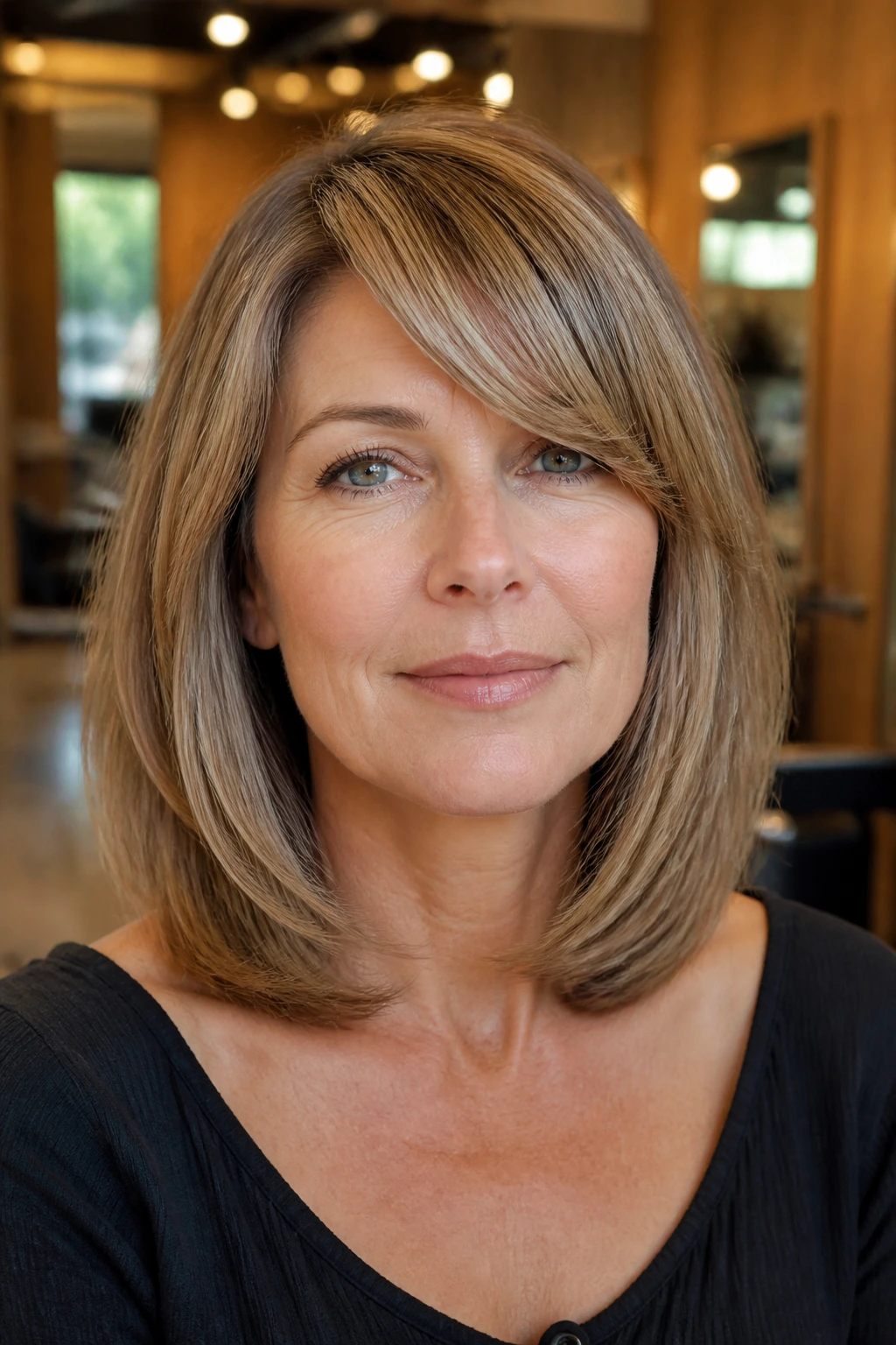 Close-up of collarbone-length haircut with side-swept fringe on a real woman