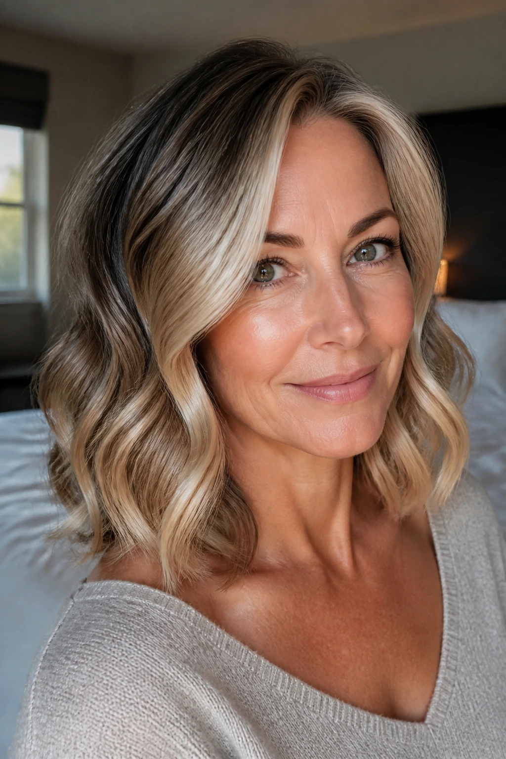 Close-up of a woman with collarbone-length wavy hair and face-framing balayage under soft window light