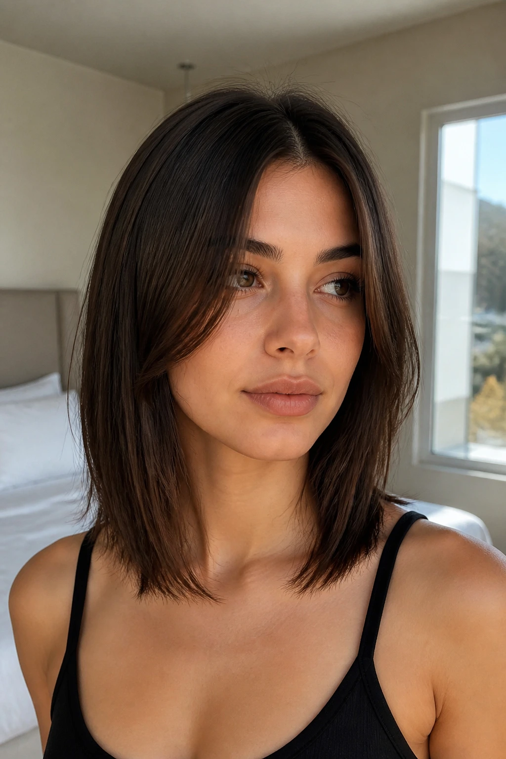 Real woman with collarbone-length hair and center part showing soft front wisps
