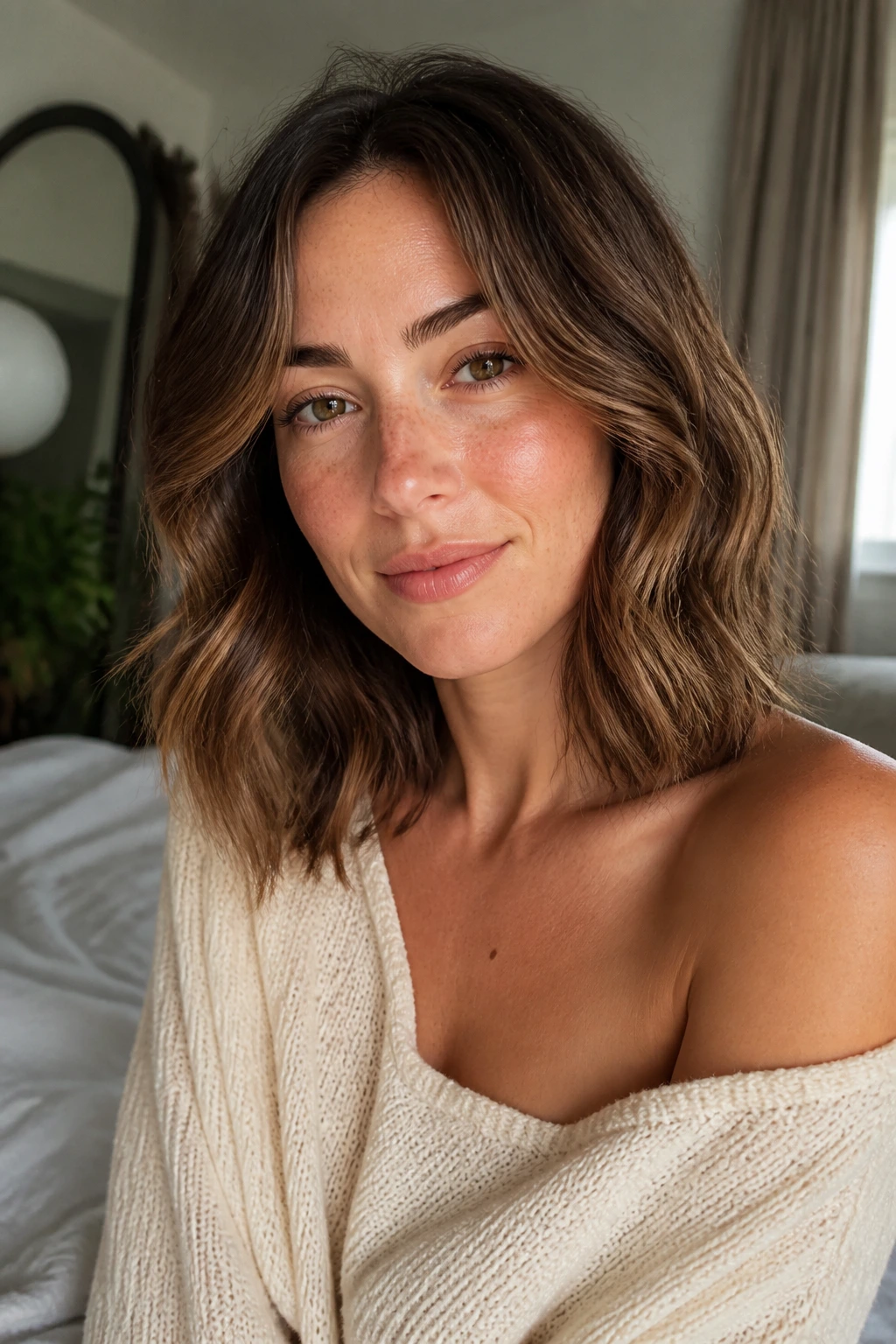 Close-up portrait of woman with collarbone-length hair and soft brushed-out waves
