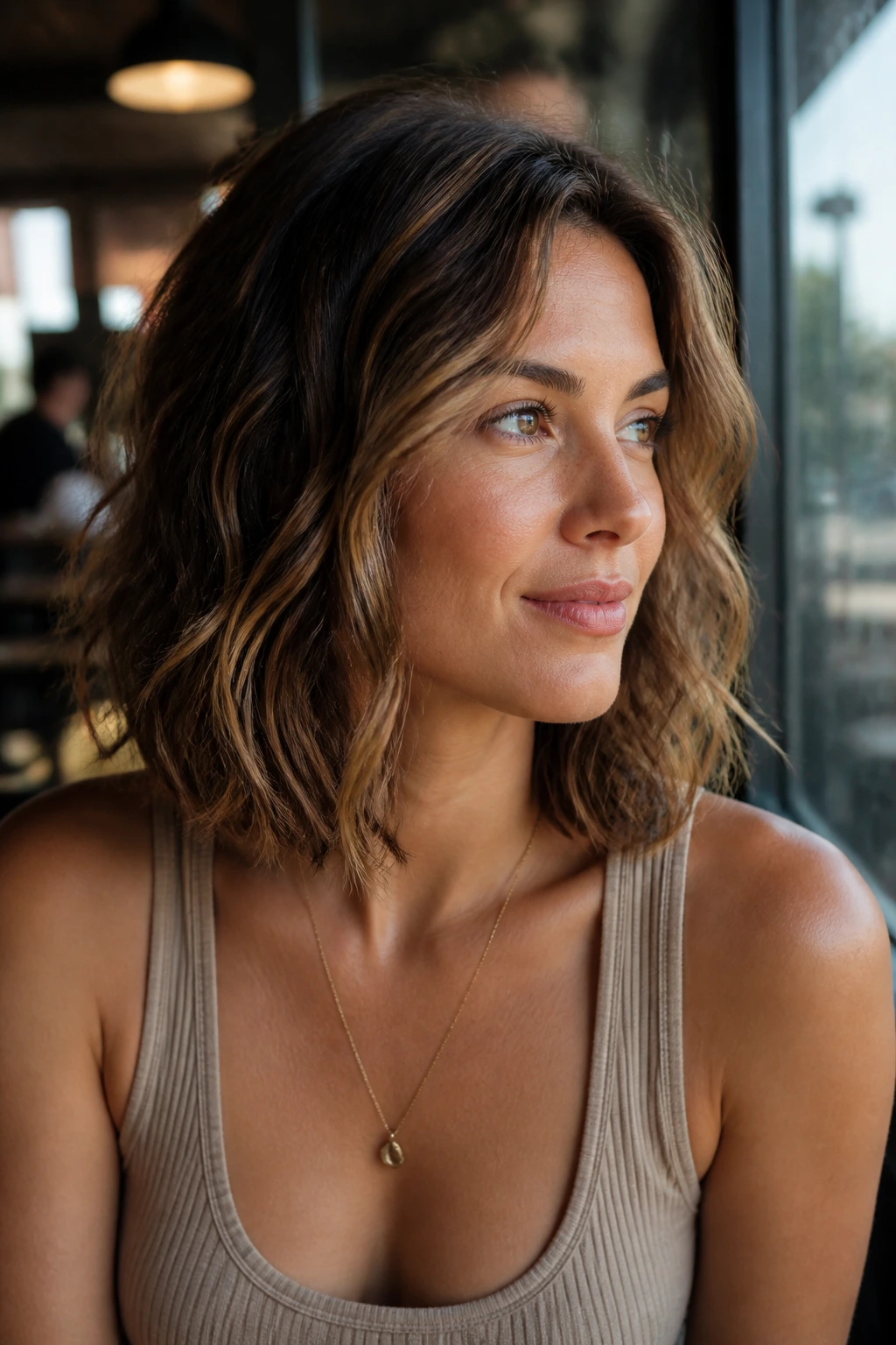 Portrait of a woman with collarbone-length hair softening the jawline