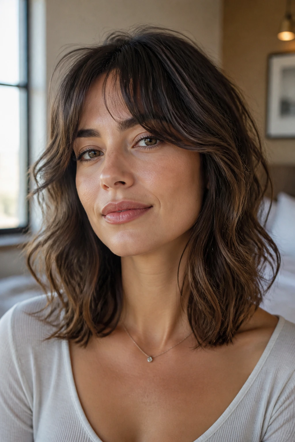 Close-up portrait of a real woman with collarbone-length lift bangs framing her face in soft window light
