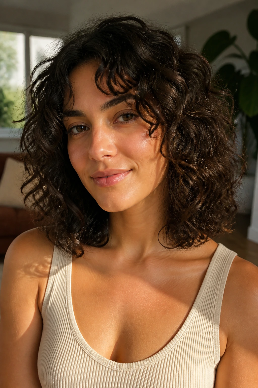 Close-up of a collarbone-length curly lob on a real person