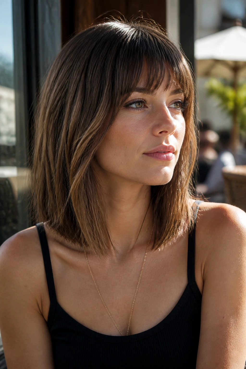 Close-up portrait of a real woman with collarbone-length lob and fringe at a cafe