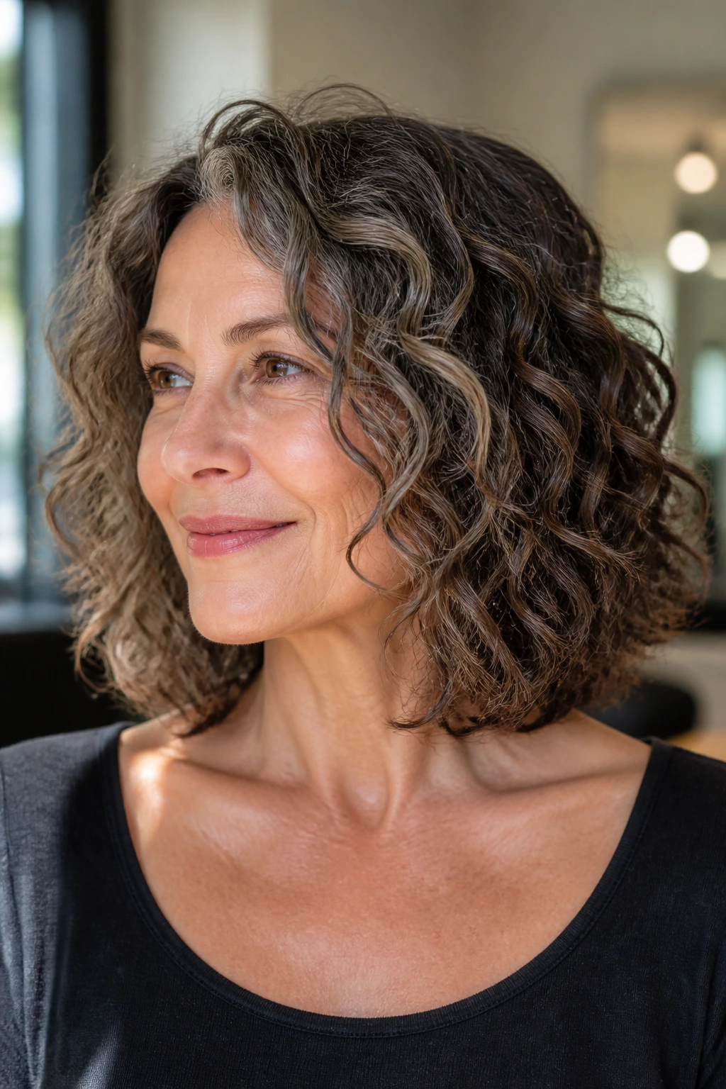 Close-up of a woman with collarbone-length curly hair showing the lob ends at the collarbone