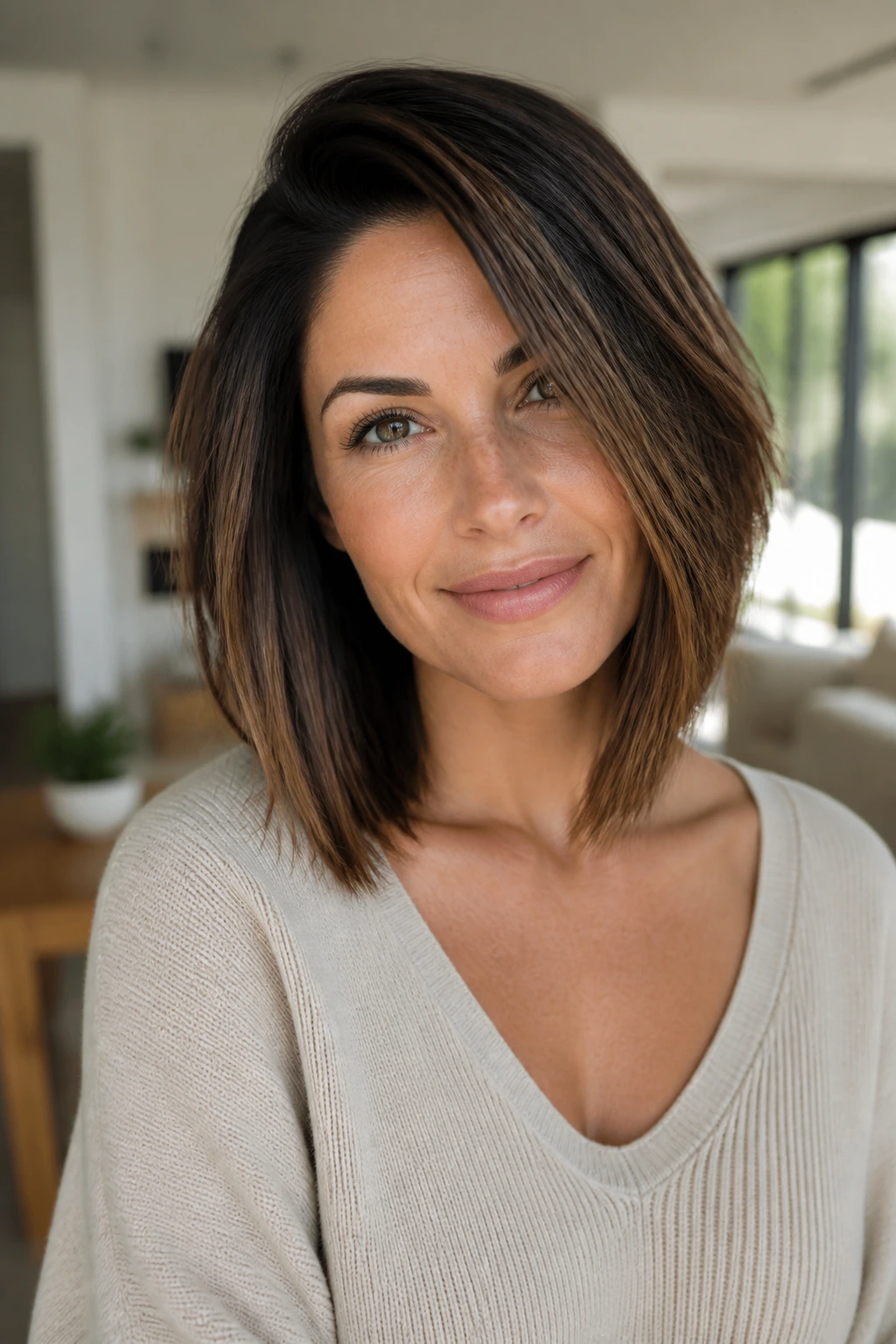 Close-up portrait of a real woman with a collarbone-length lob and deep side part