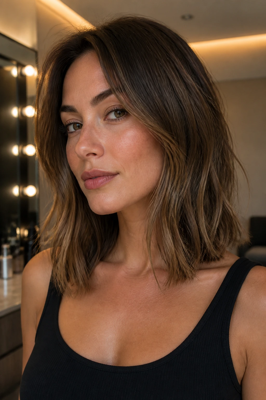 Long collarbone version close-up showing collarbone-length lob on a real woman.
